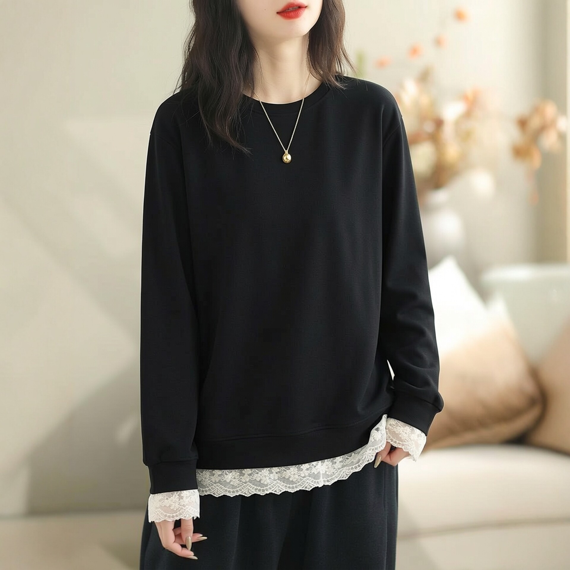 240斤胖mm大码装2026春季假两件撞色蕾丝拼接卫衣女宽松显瘦上衣