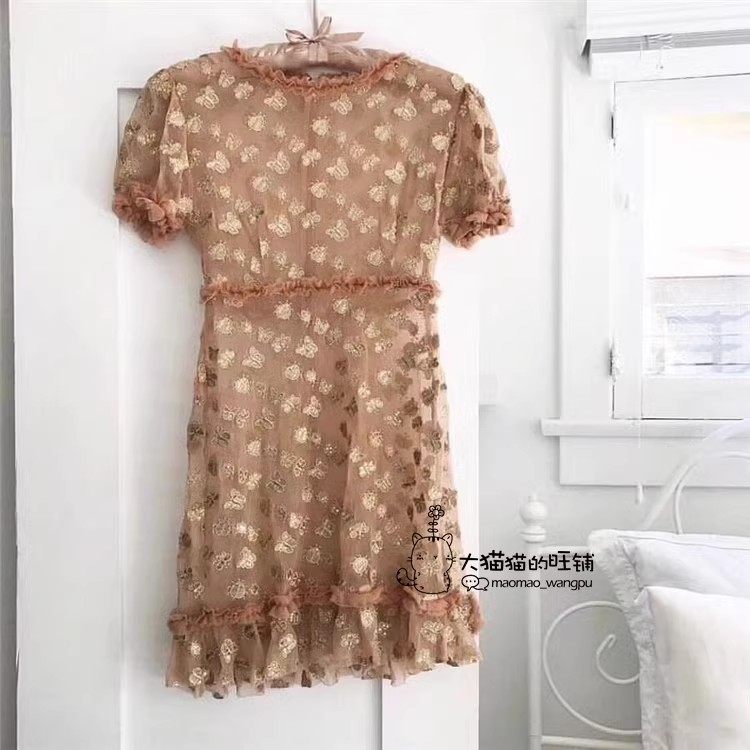 【正元】for love lemons甲壳虫蝴蝶刺绣网纱泡泡袖度假连衣裙