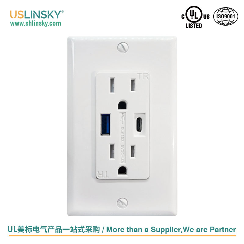 USLINSKY灵天美标USB插座面板UL认证125V插座LTUR4.8-15(A+C)