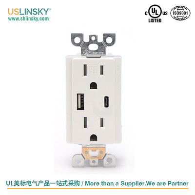 uslinsky美标USB插座带Type A+C墙壁家用125V充电插座