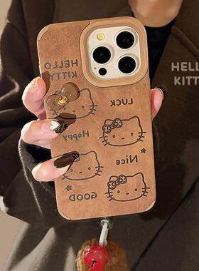 棕色麂皮卡通线条猫咪适用16promax手机壳苹果iphone15软1417