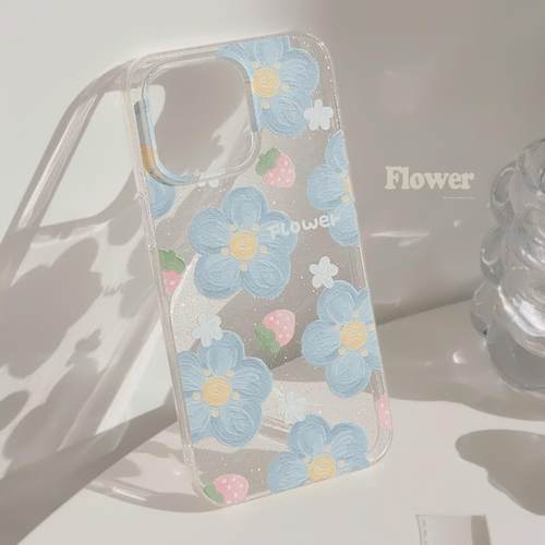 ins草莓蓝花苹果17pro max手机壳14适用iphone15闪粉12透