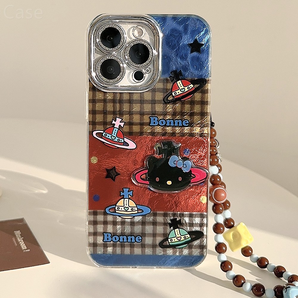 ins风卡通撞色格纹拼接kitty星球带挂绳适用苹果16promax手机壳iphone17新款15pro女款14甜酷12立体全包硬壳