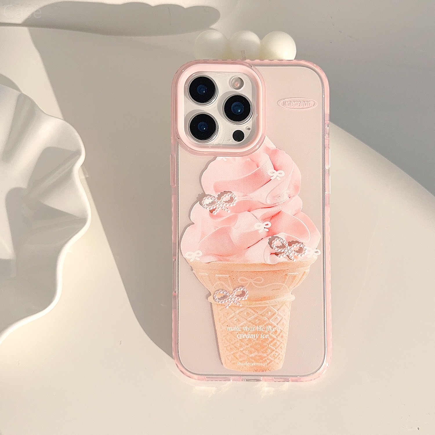 甜妹ins立体粉色蝴蝶结冰淇淋16适用苹果17promax手机壳iphone13新款14pro女款12网红少女心11全包软壳夏日【