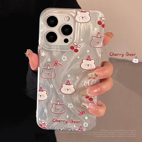 适用iPhone17可爱樱桃小熊苹果15promax镭射iphone13防摔1216