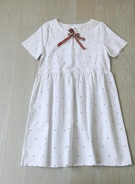 女大童孤品系带宽松腰直筒中长款短袖波点12-15岁初中生夏连衣裙