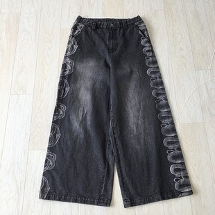 简约休闲春夏长裤 女装 日单孤松紧腰双口袋印花宽松牛仔休闲阔腿裤