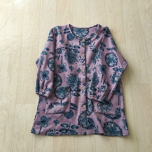 女装日单孤品纽扣双口袋中长款宽松印花长袖加薄绒时尚女春秋外套