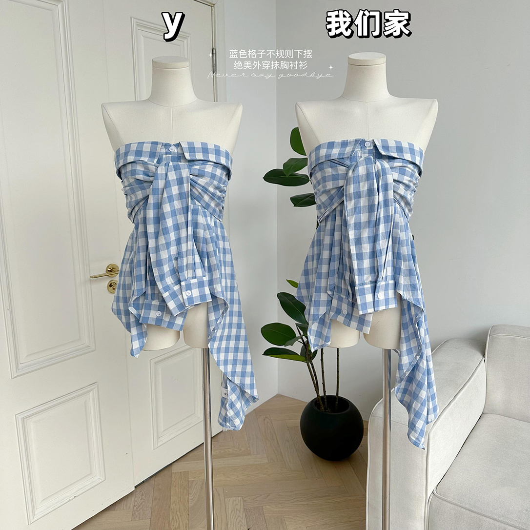 抹胸绝美不规则下摆一字肩蓝色