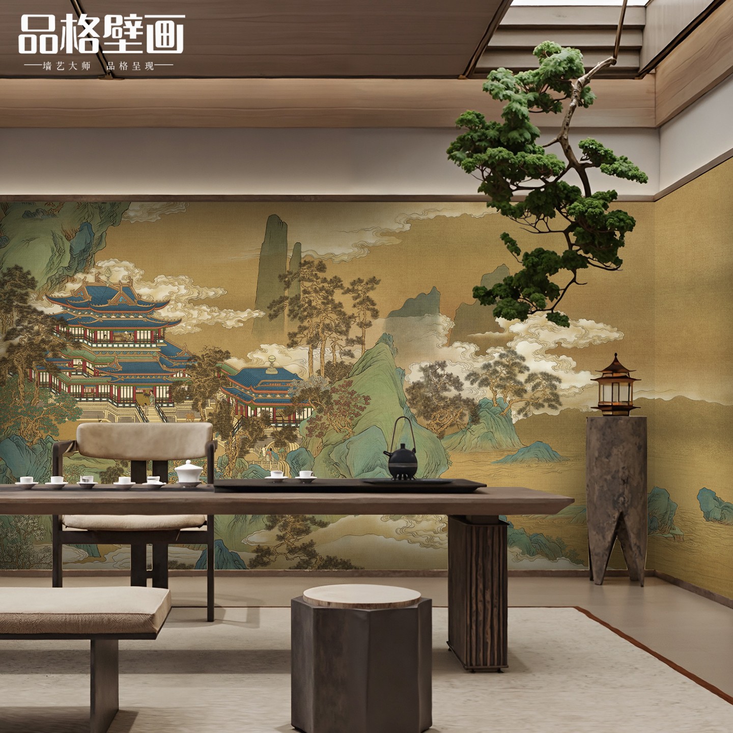 中式会所大厅山水阁楼壁画