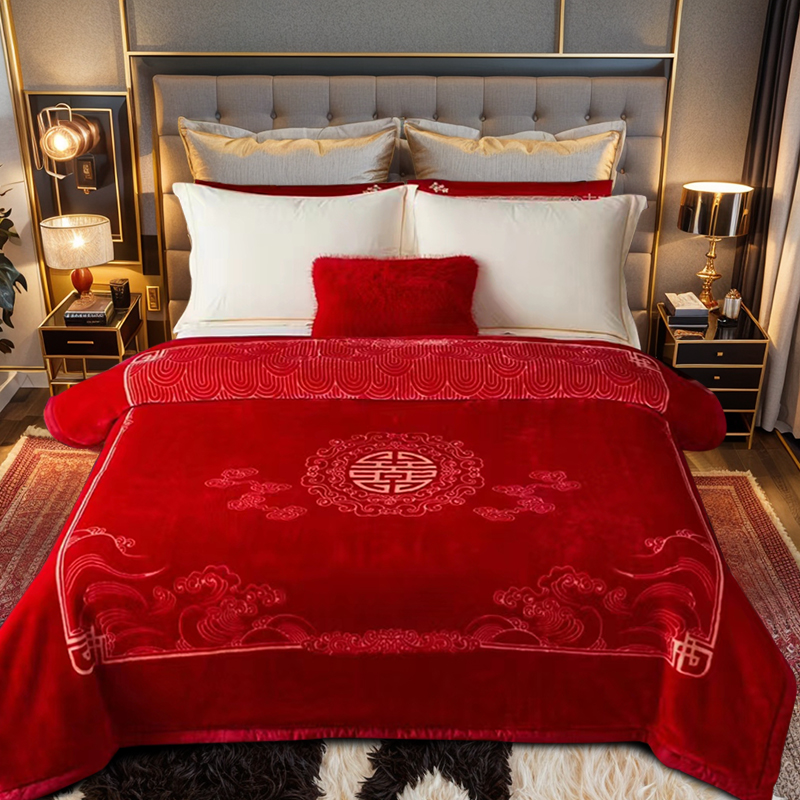 毛毯结婚庆典被子双层加厚春秋冬季双人陪嫁拉舍尔大红色毯子喜字