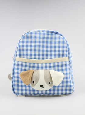 Z家新款蓝色格纹小狗双肩包立体狗狗卡通书包儿童幼儿园帆布包