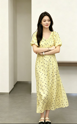 清纯甜美泡泡袖连衣裙女褶皱收腰设计简约高级2026夏季显瘦长裙女