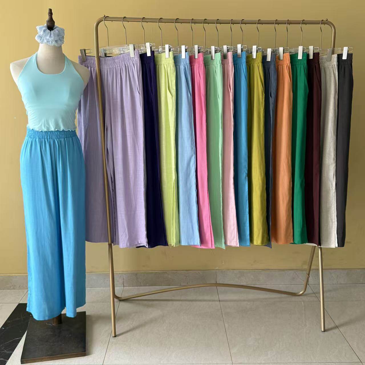 25新品糖果色彩色开叉阔腿裤瑜伽运动健身休闲宽松显瘦棉麻九分裤