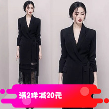 气质翻领长袖 收腰绑带蕾丝拼接黑色西装 连衣裙 2019秋装 新款