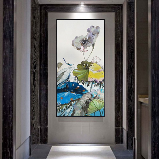 玄关装饰画纯手绘油画现代简约新中式竖版过道花鸟水墨荷花工笔画图片