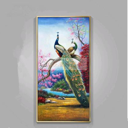 纯手绘油画 现代玄关竖版油画 新中式客厅装饰画壁画 吉祥孔雀图片