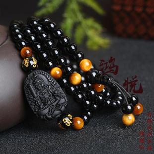 黑曜石生肖属鸡-不动明王守护神手串本命佛男女款水晶多圈手链