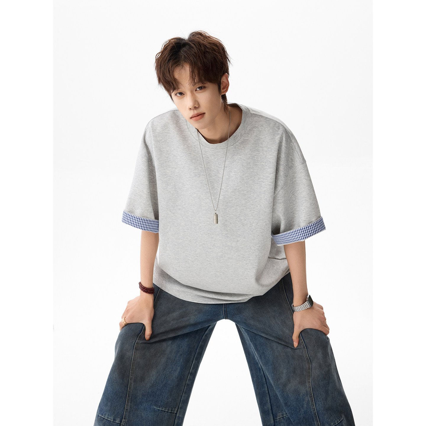 潮流拼接格子短袖T恤A425-T4215-P40控58面料50%棉42%涤8%氨纶，男装T恤，电商A425