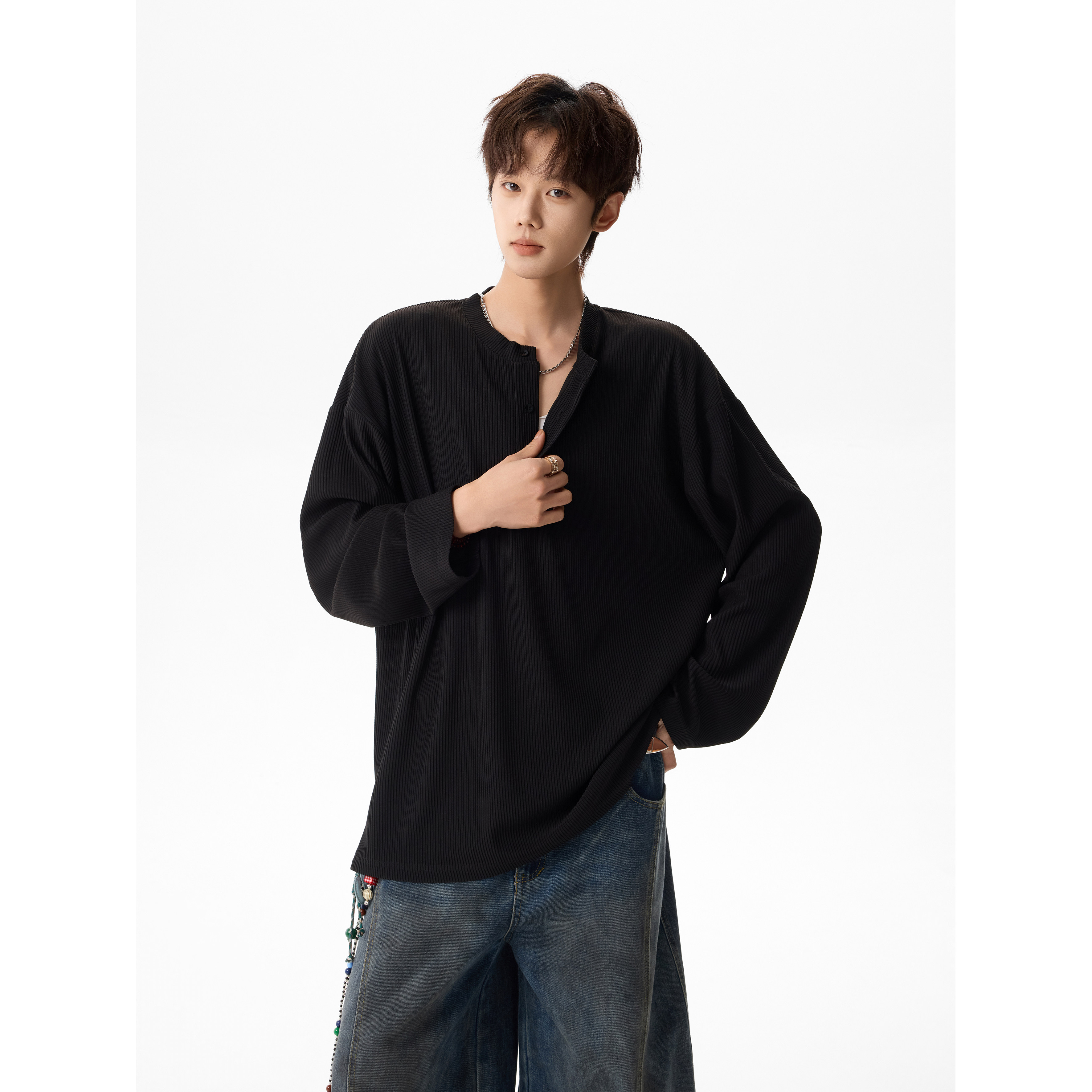 潮流亨利领竖条肌理长袖T恤A425-T005-控68-面料97%涤纶3%氨纶，男装T恤，电商A425