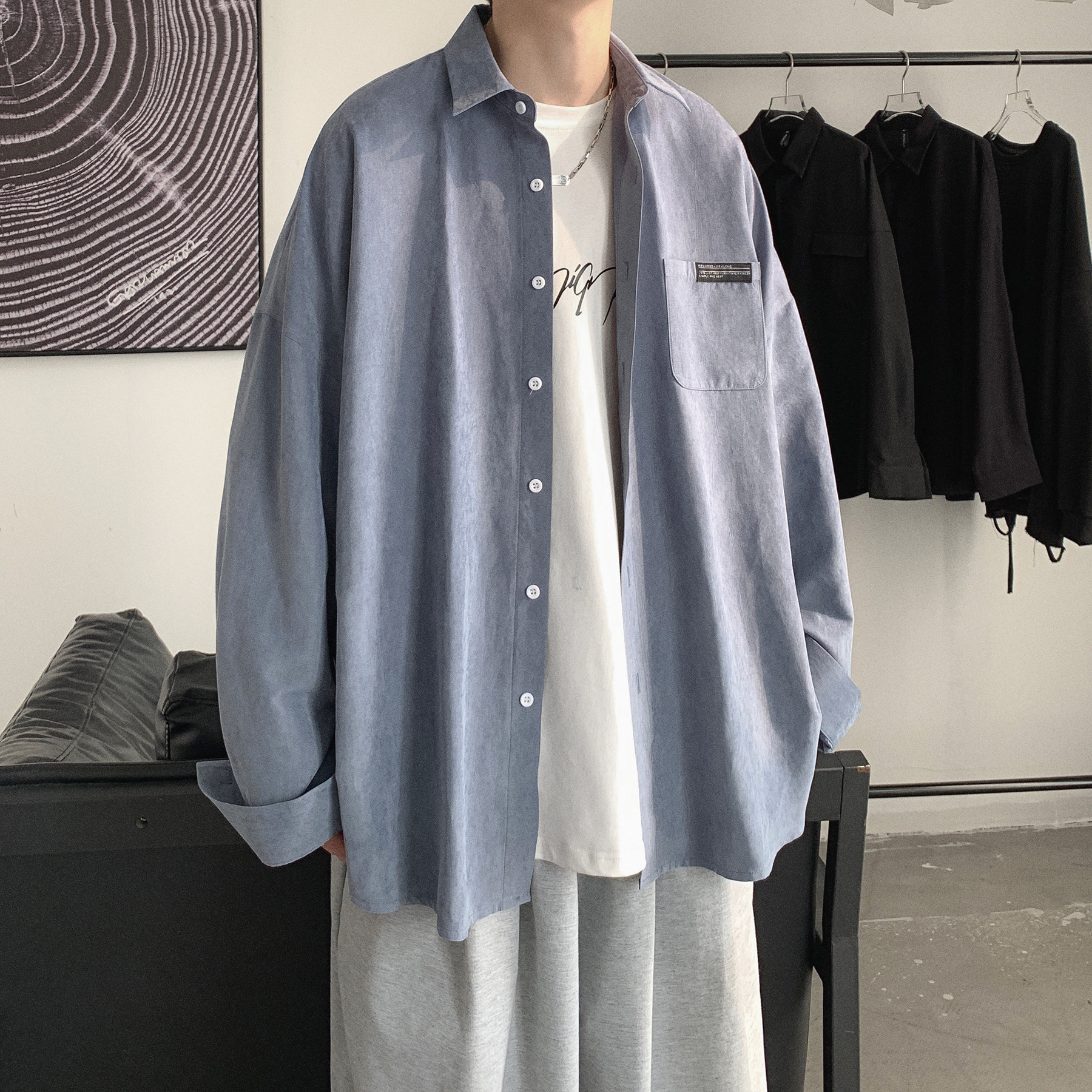 百搭长袖衬衣休闲纯色衬衫港风男士A425-C2000-P45控59,男装衬衫,电商A425