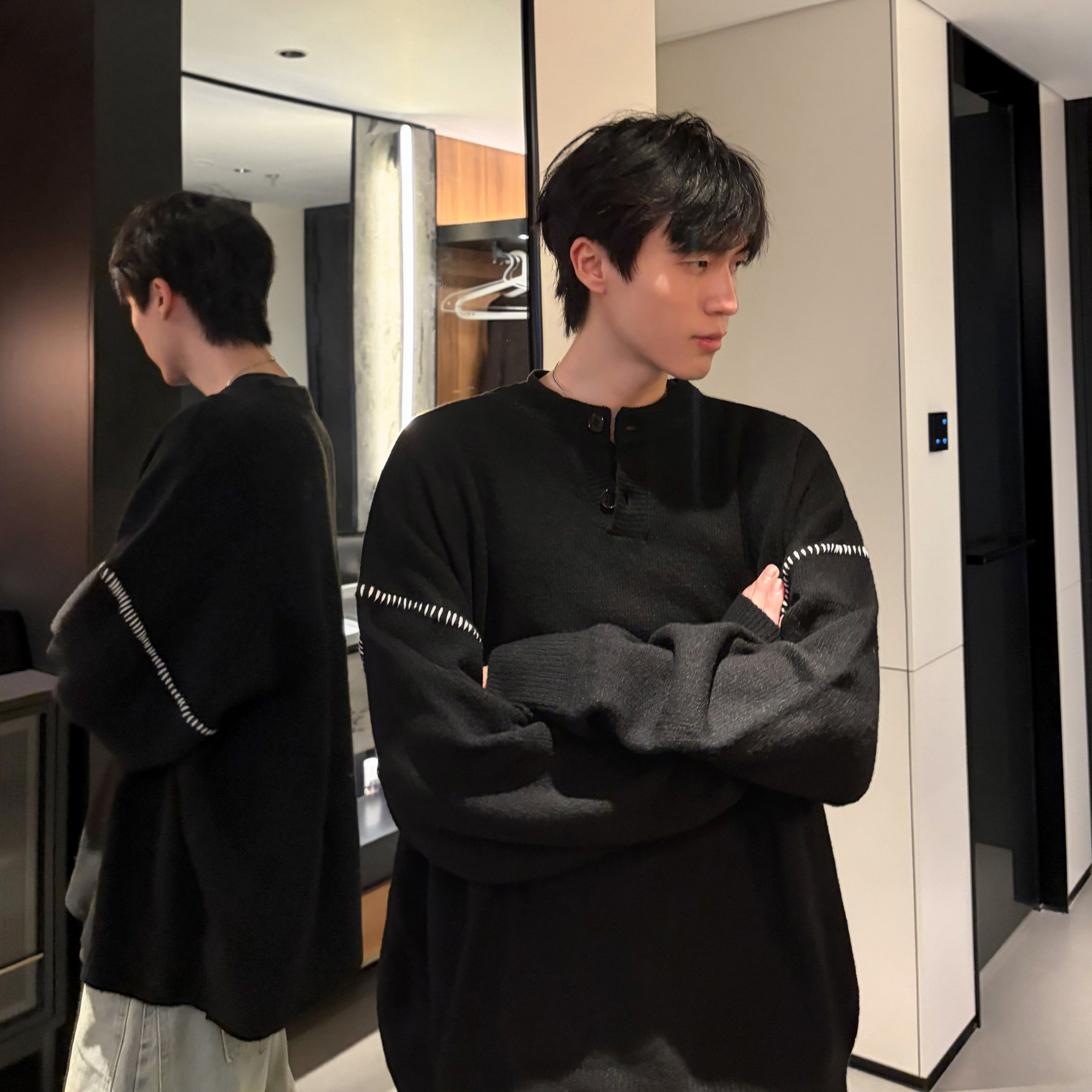 潮流手缝线圆领半门襟毛衣A425-M26650-P98控118面料聚酯,男装针织衫/毛衣,电商A425