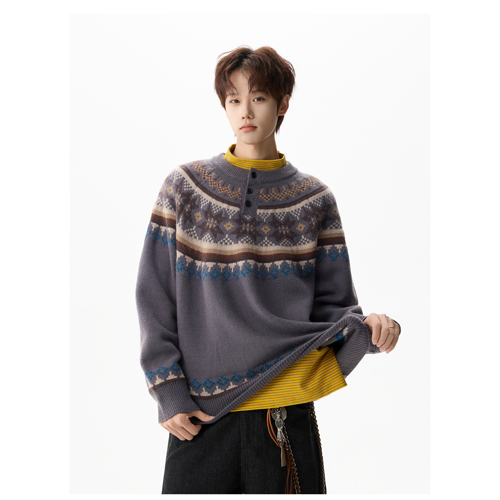 潮流费尔岛半门襟纽扣针织毛衣A425-M26654-P98控118面料聚酯，男装针织衫/毛衣，电商A425