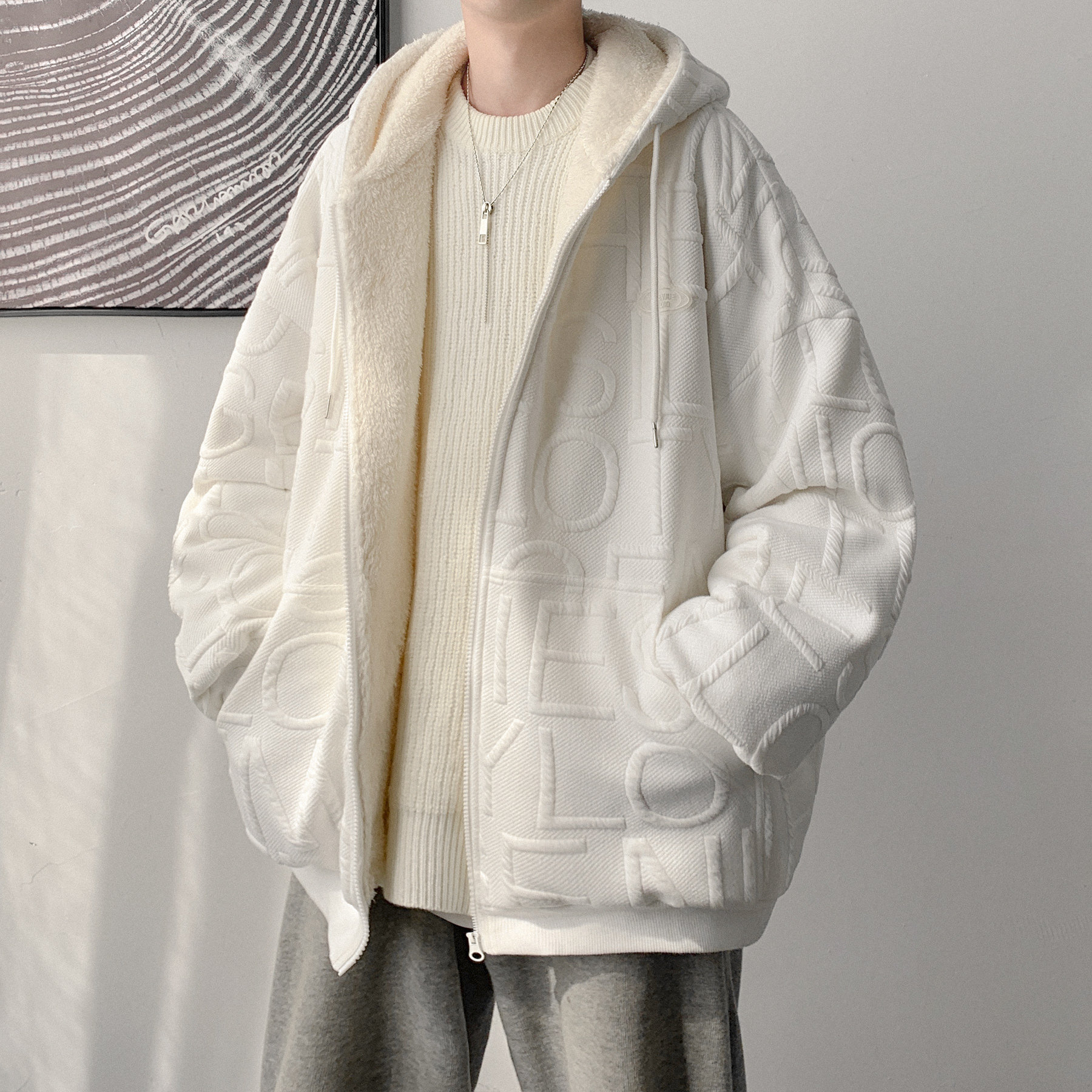 羊羔毛连帽立体字母连帽外套棉服A425-Y528-P108控128,男装棉衣,电商A425