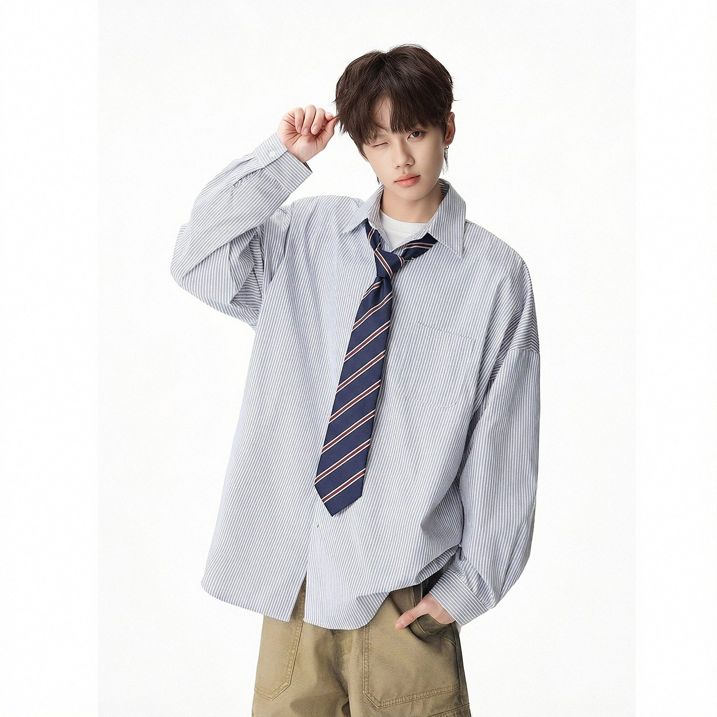 百搭小清新条纹长袖衬衫A425-C119-P45控68面料聚酯，男装衬衫，电商A425