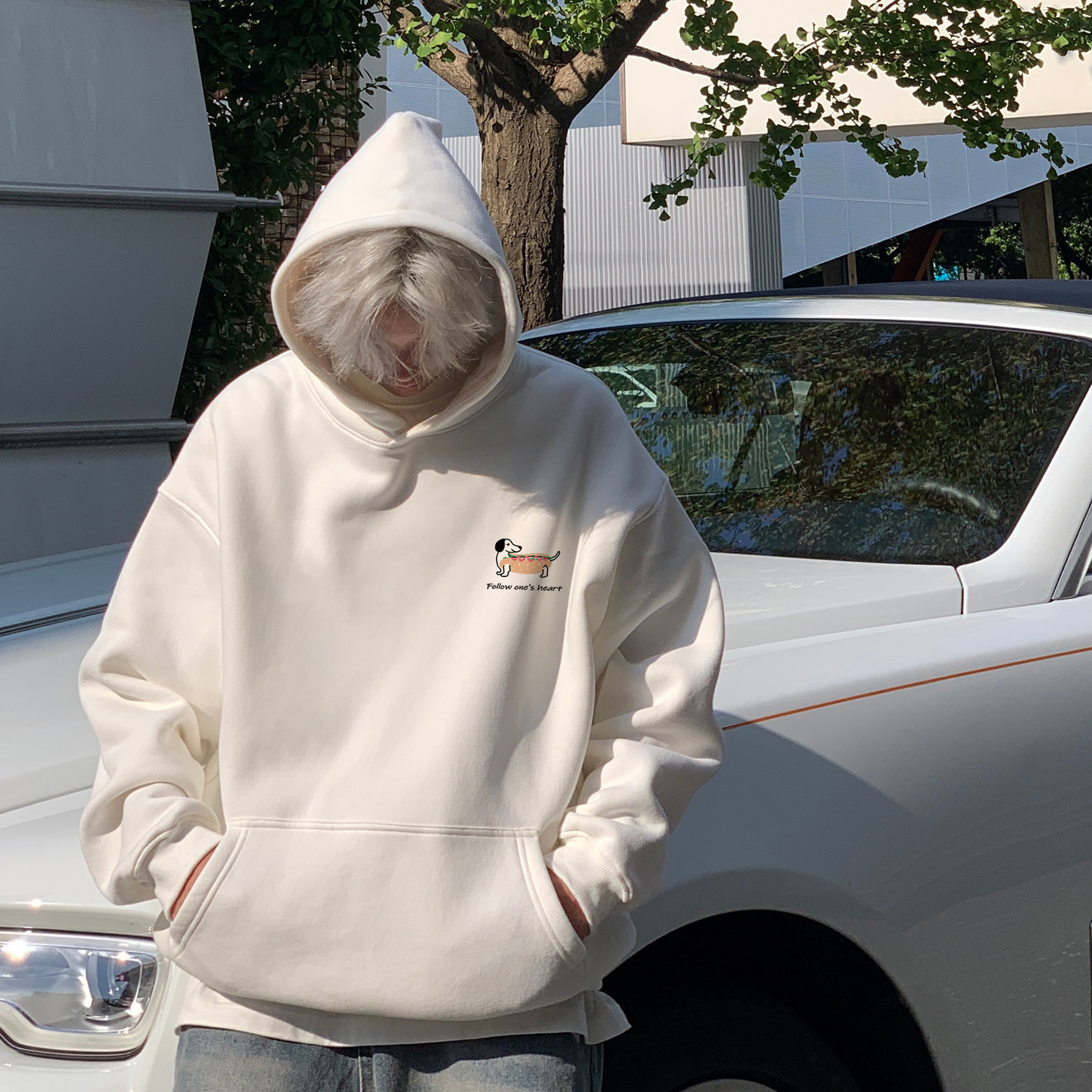 嘻哈潮流腊肠狗印花连帽卫衣男秋季潮牌青少年宽松休闲上衣服外套,男装卫衣,电商A425