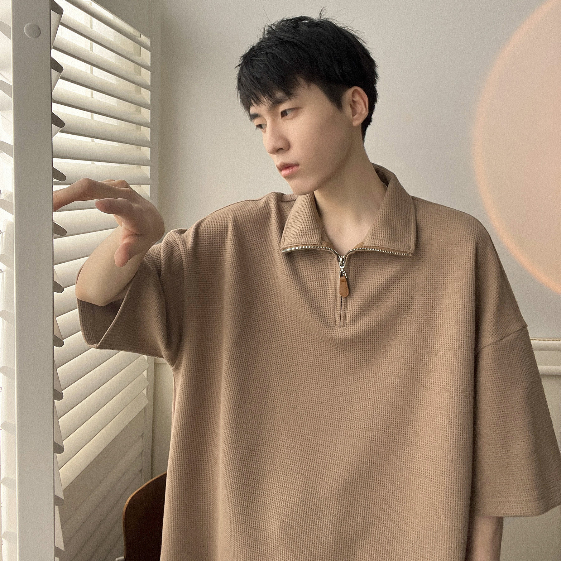 翻领T恤华夫格POLO衫拉链短袖A425-T1413-P45控58，男装T恤，电商A425