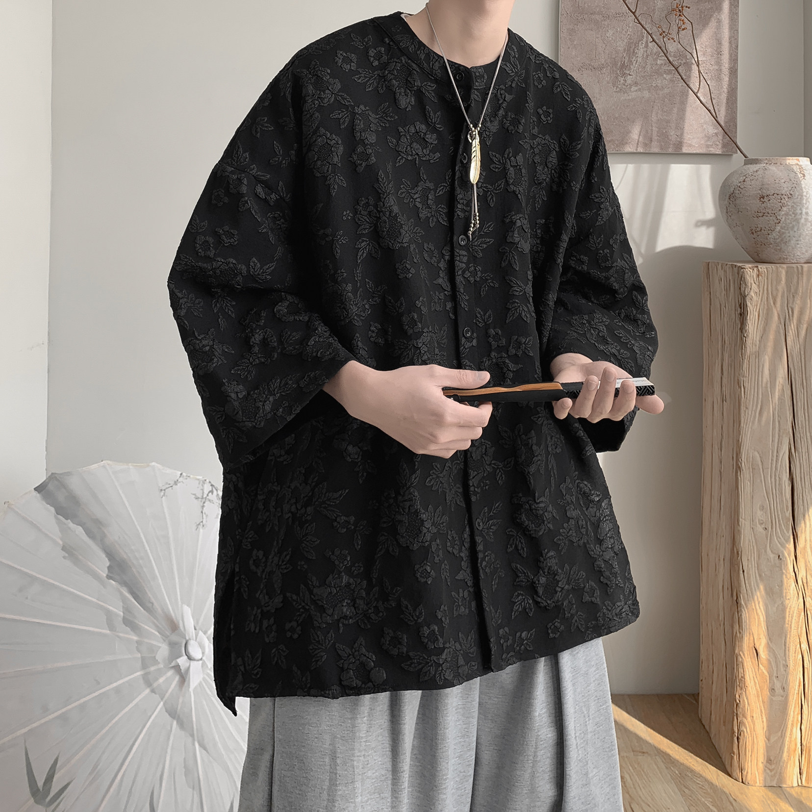 百搭肌理立领七分袖衬衫开衫A425-C2762-p50控68面料聚酯,男装衬衫,电商A425