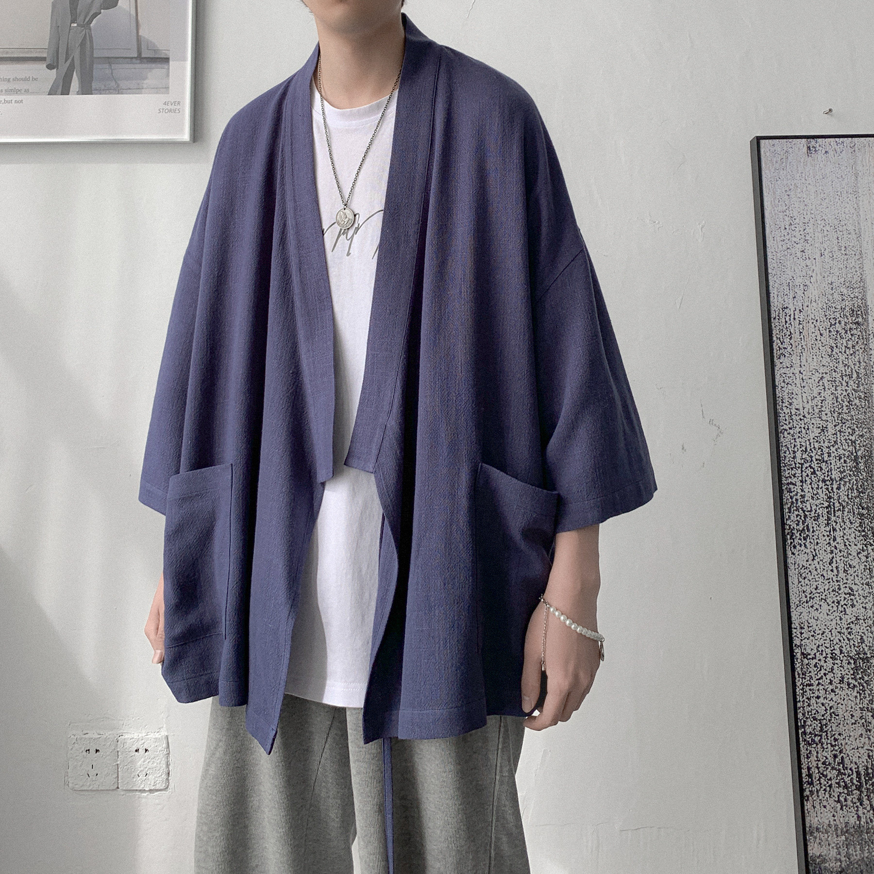 黑色短袖衬衫男装七分袖高级感中国风汉服外套新中式道袍,男装衬衫,电商A425