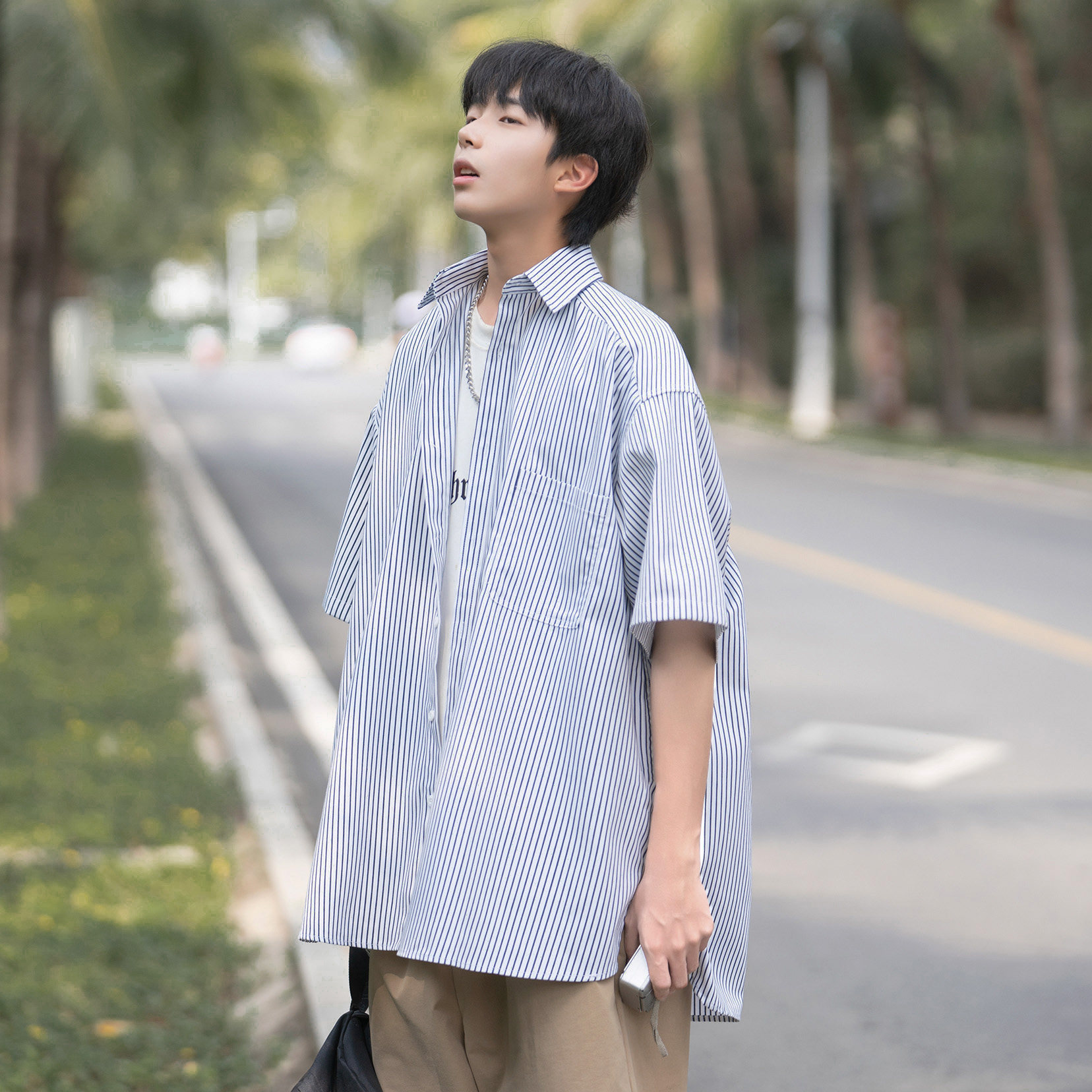 夏日青春休闲条纹衬衫A425-C2701-P48控59面料聚酯，男装衬衫，电商A425