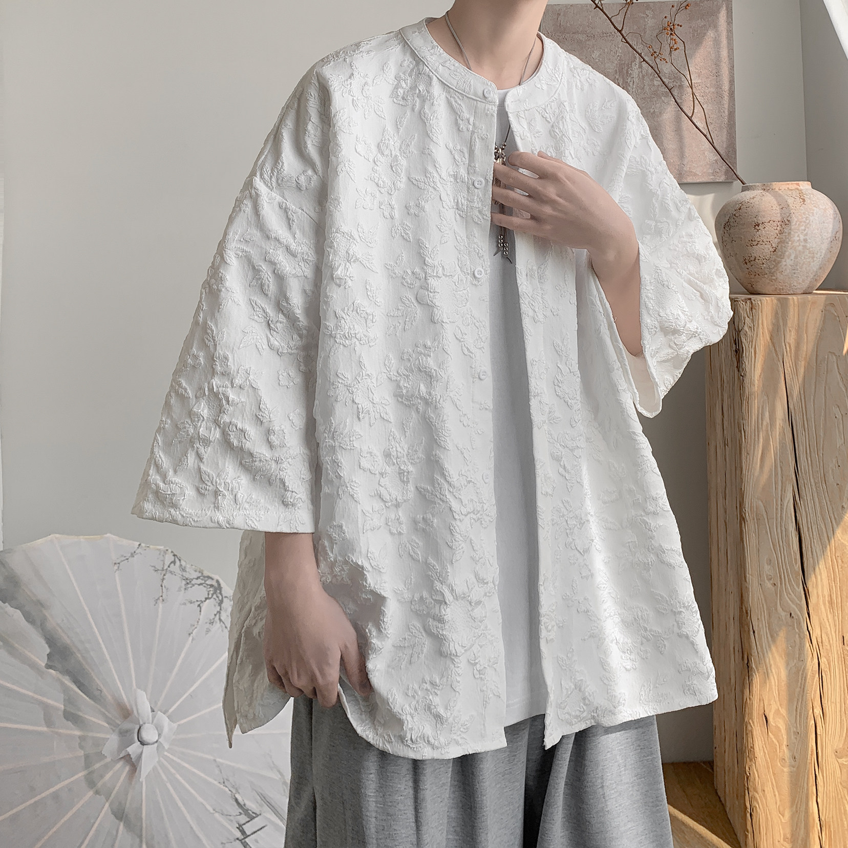 百搭肌理立领七分袖衬衫开衫A425-C2762-p50控68面料聚酯,男装衬衫,电商A425
