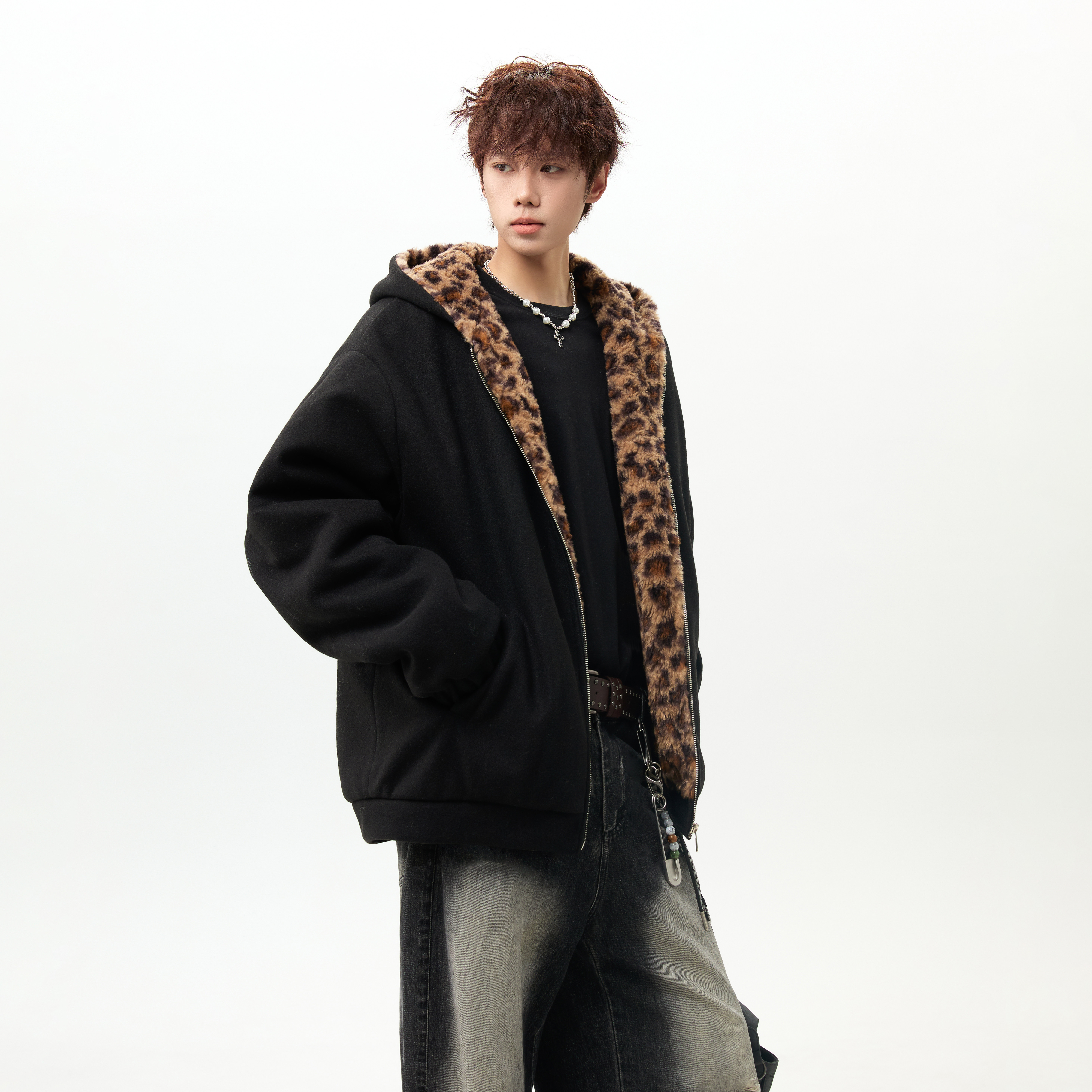 潮流呢料豹纹连帽开衫棉服外套A425-Y531-P138控188面料聚酯,男装棉衣,电商A425