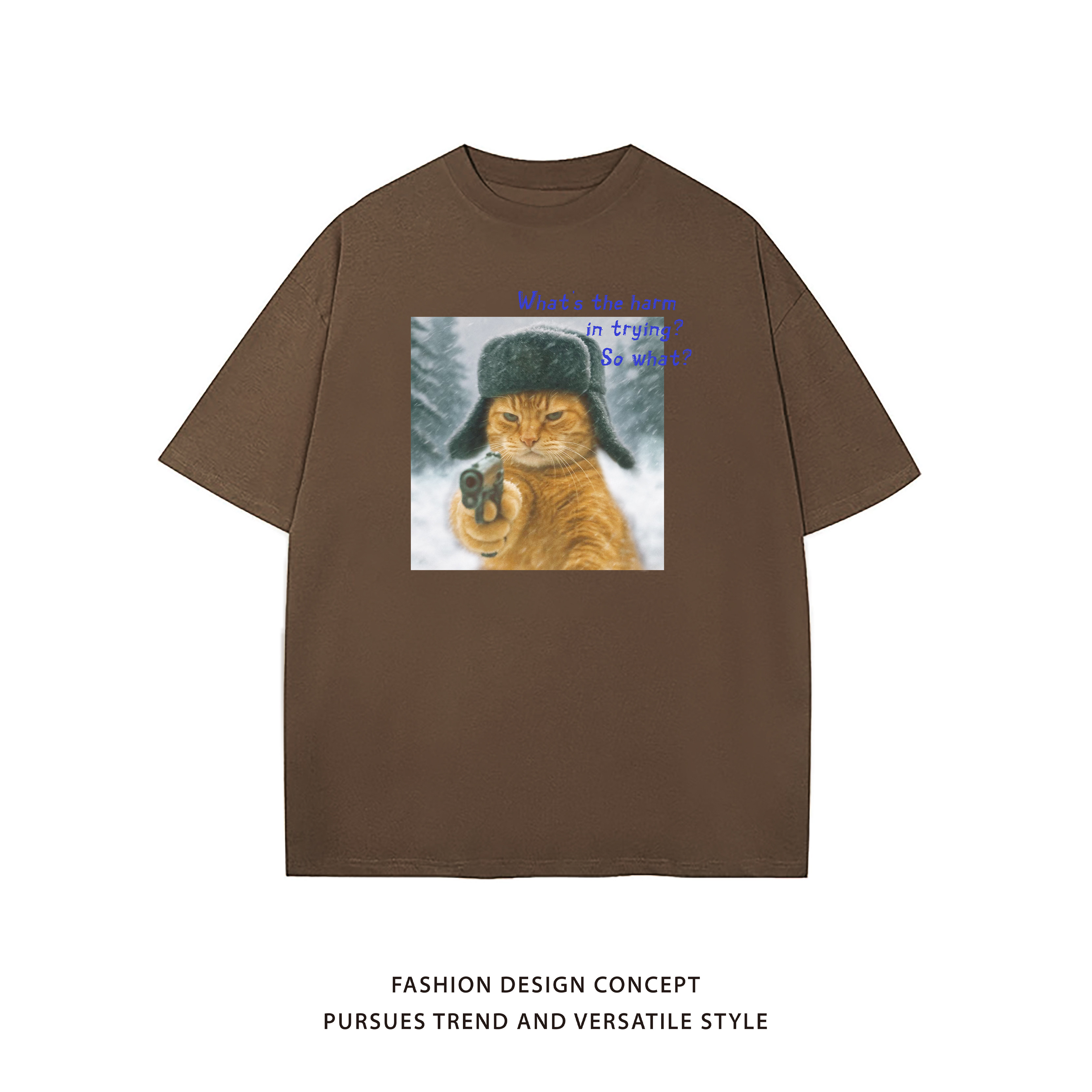 举枪猫咪印花短袖t恤男款夏季美式潮牌正肩体恤纯棉重磅透气半袖,男装T恤,电商A425