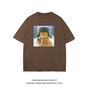 举枪猫咪印花短袖t恤男款夏季美式潮牌正肩体恤纯棉重磅透气半袖图片