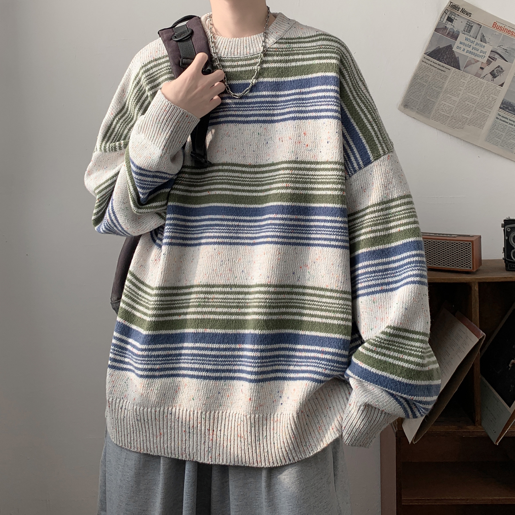潮流百搭杂色条纹毛衣A425-M2160-P78控98面料65%棉35%聚酯,男装针织衫/毛衣,电商A425