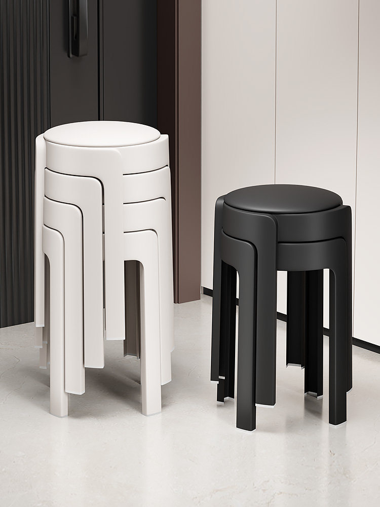 加厚塑料凳子家用软包高凳可叠放结实耐用高级感圆凳餐桌备用椅子