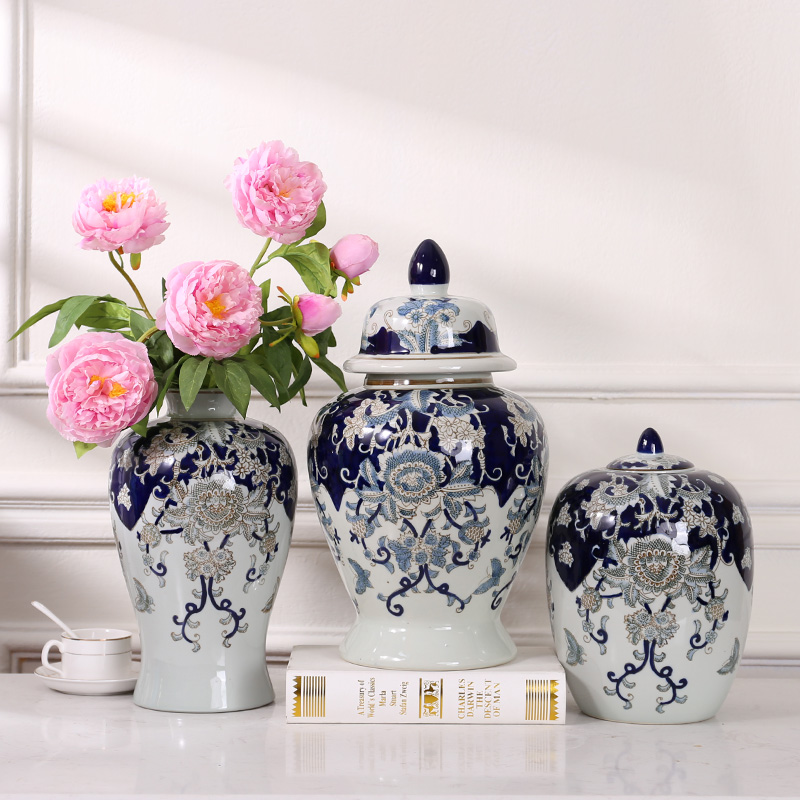 釉下彩手绘青花瓷陶瓷花瓶将军罐欧式青花样板房民宿酒店家居摆件