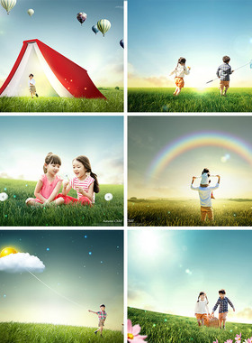 儿童宝宝绿色草原旅行彩虹云朵热气球蒲公英海报PSD设计素材92117