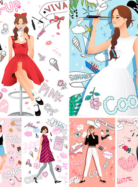 时尚卡通甜美活力优雅女孩女性插图绘画海报矢量设计元素材92207