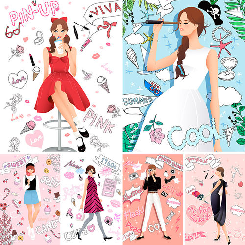 时尚卡通甜美活力优雅女孩女性插图绘画海报矢量设计元素材92207
