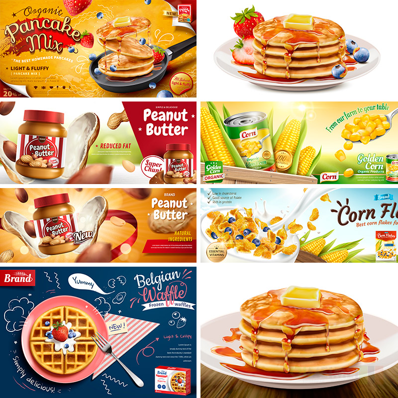 营养健康早餐华夫饼花生酱牛奶麦片玉米矢量设计元素材模板83001