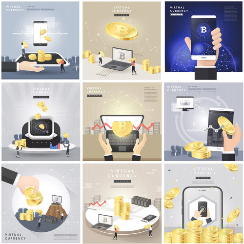 手绘卡通金融财富科技比特币数据分析箭头插图矢量设计素材81615