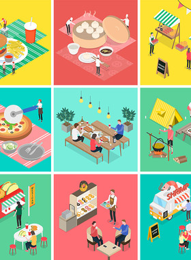 餐饮美食厨师餐厅食物外卖2.5D等距插图AI矢量设计素材模板91014