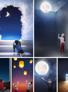 创意儿童宝宝中秋节月亮孔明灯星空海报PSD分层设计元素材103012