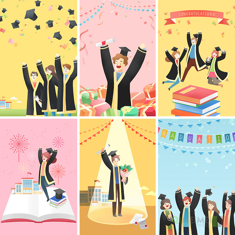 手绘卡通学生毕业季欢呼庆祝礼服礼帽场景插图PSD设计素材110717