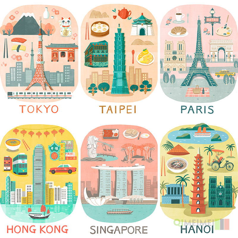 手绘世界国家著名旅游城市标志性建筑插图海报psd设计素材922610